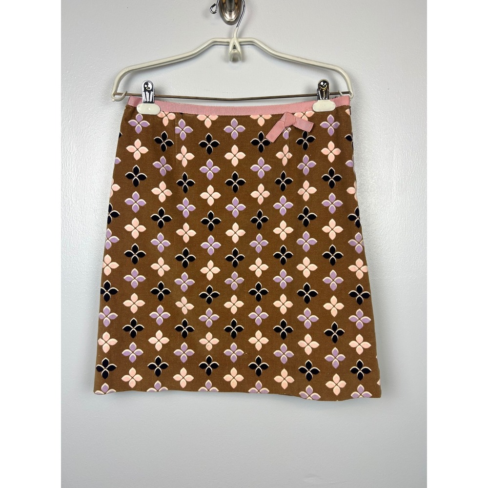 Y2K Etcetera Brown Floral A-Line Mini Skirt Size 4 Pink Bow Velour Velvet Preppy